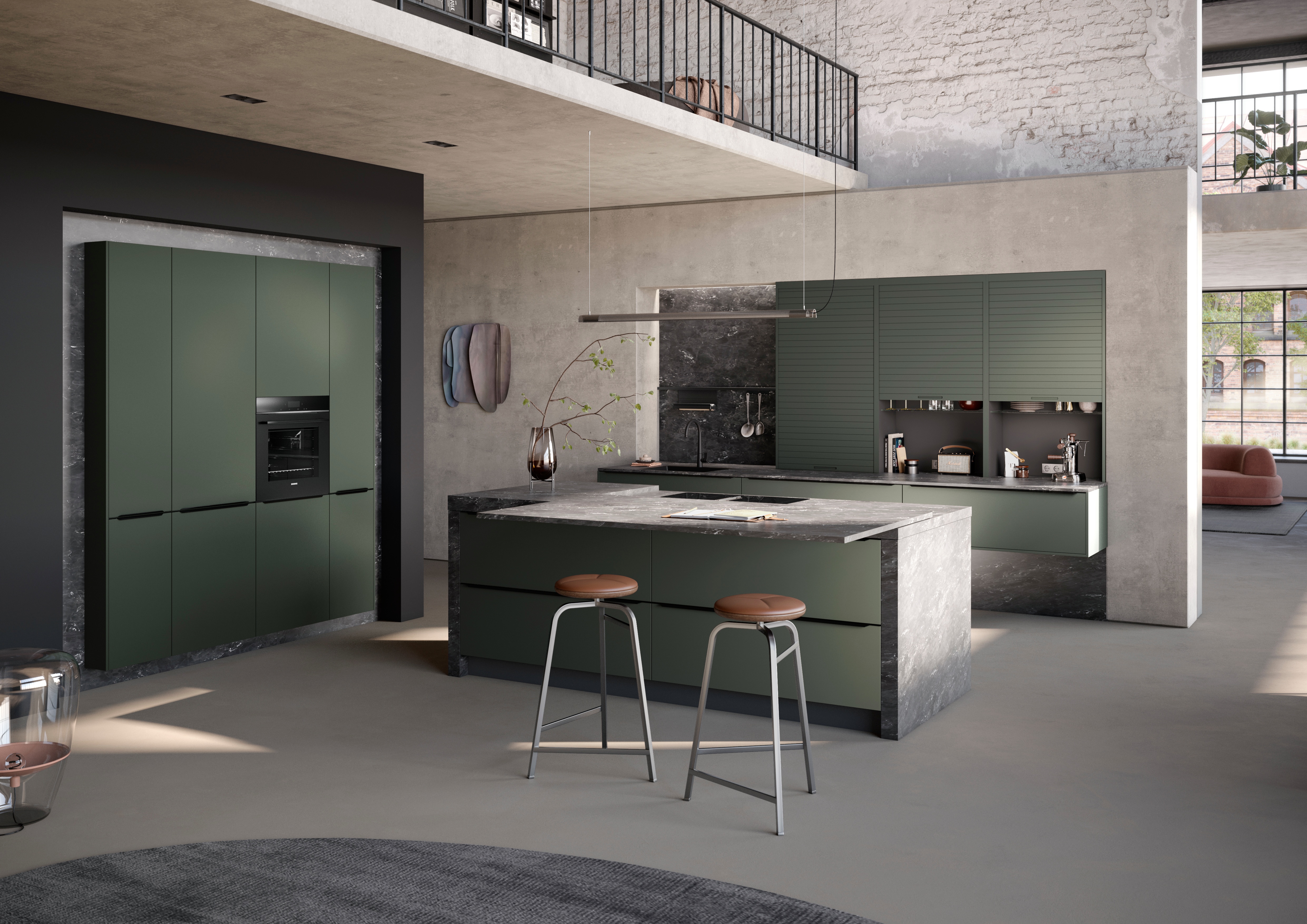 Moderne offene Küche mit Kochinsel, grünen Schränken und zwei Barhockern