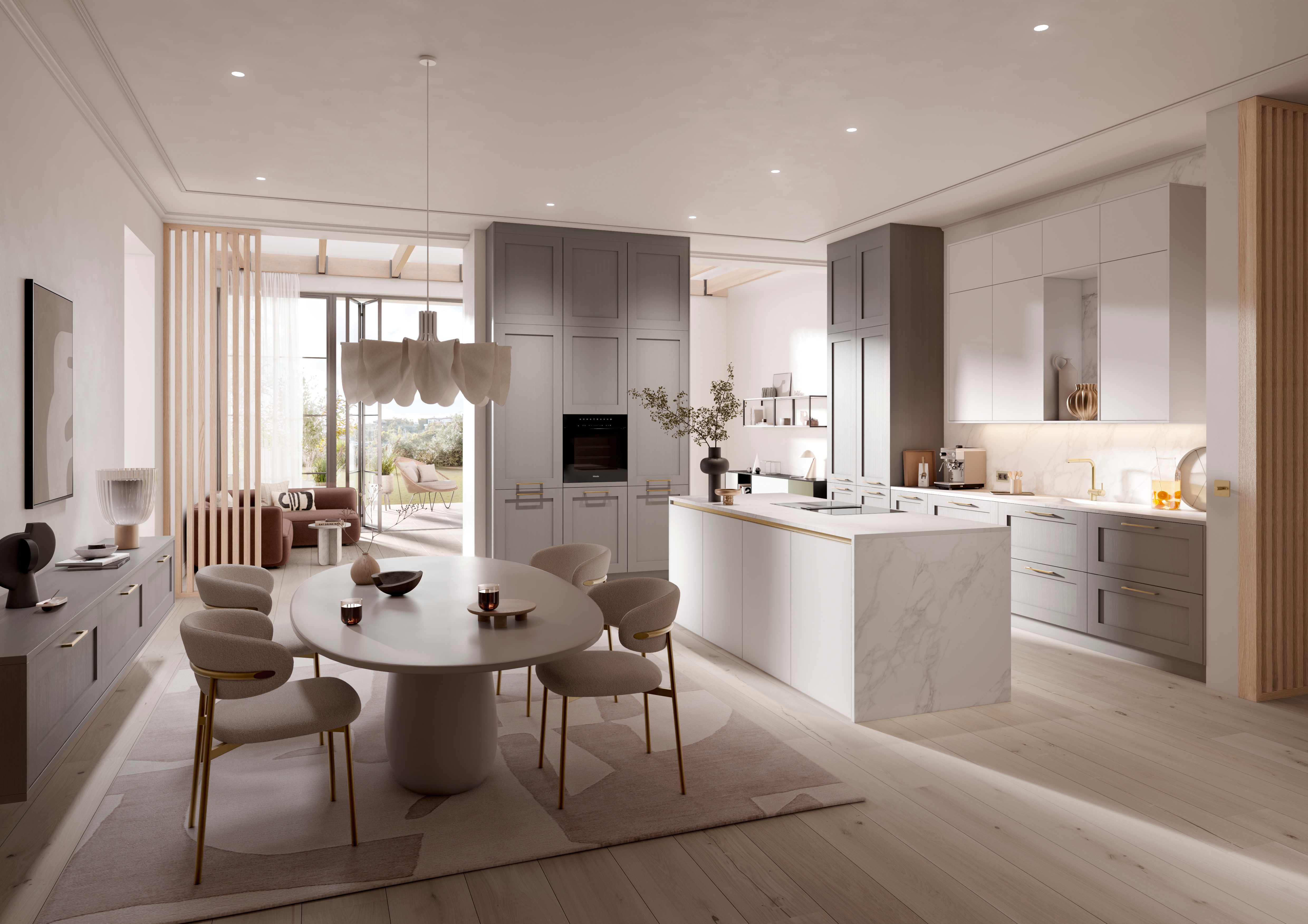 Moderne, helle Küche mit Esstisch, Marmorinsel und großen Fenstern im Hintergrund.