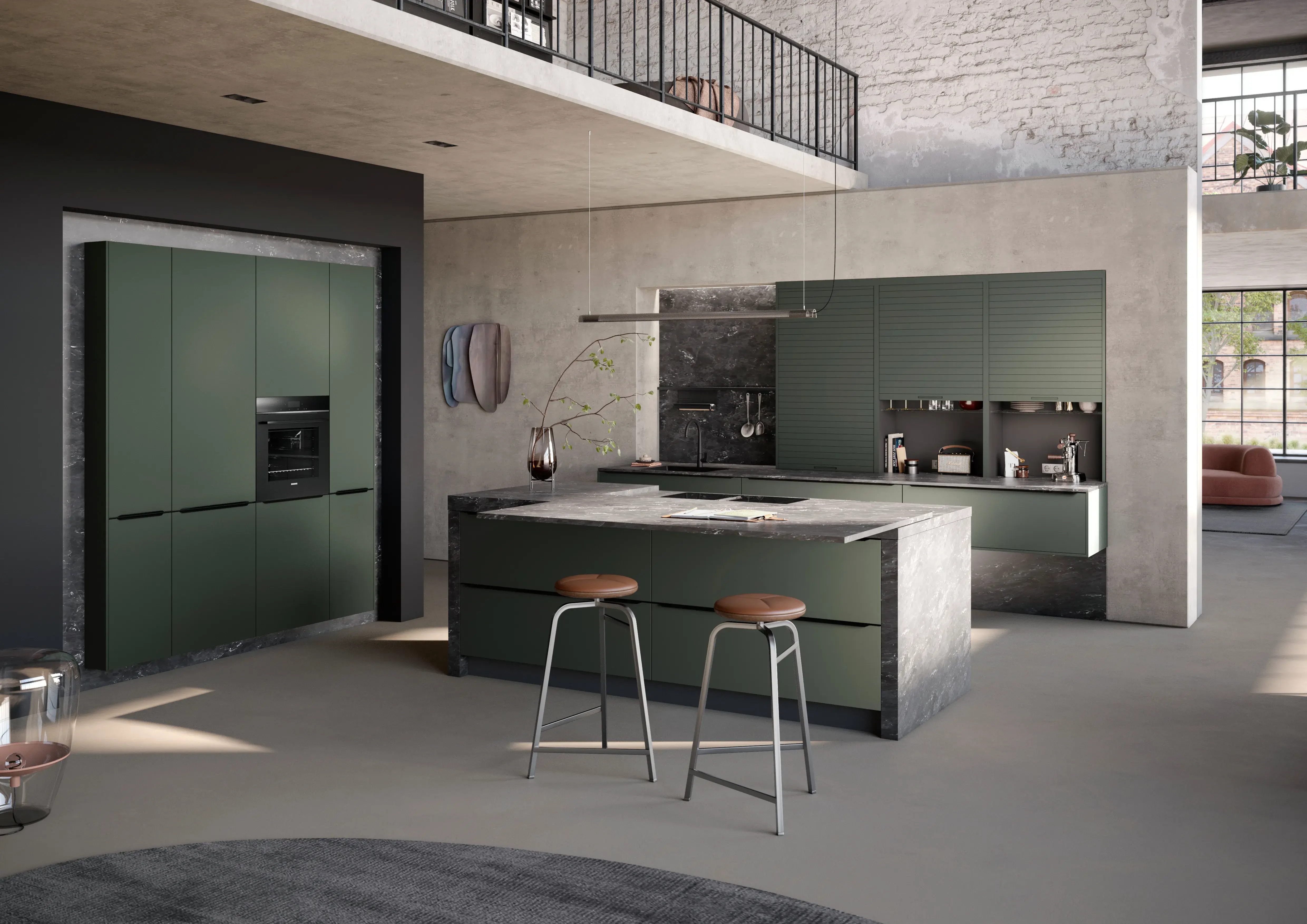 Moderne offene Küche mit Kochinsel, grünen Schränken und zwei Barhockern