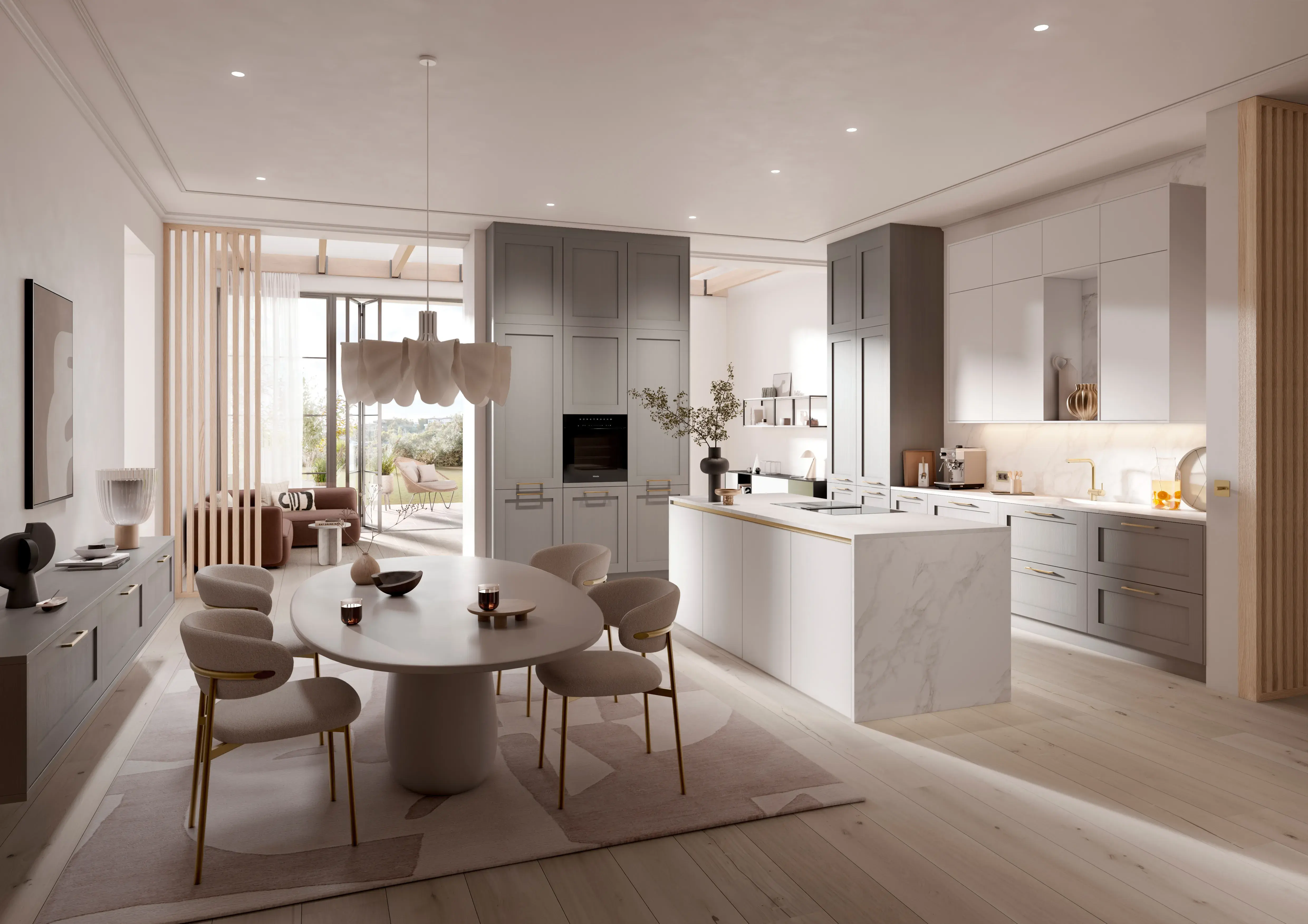 Moderne, helle Küche mit Esstisch, Marmorinsel und großen Fenstern im Hintergrund.