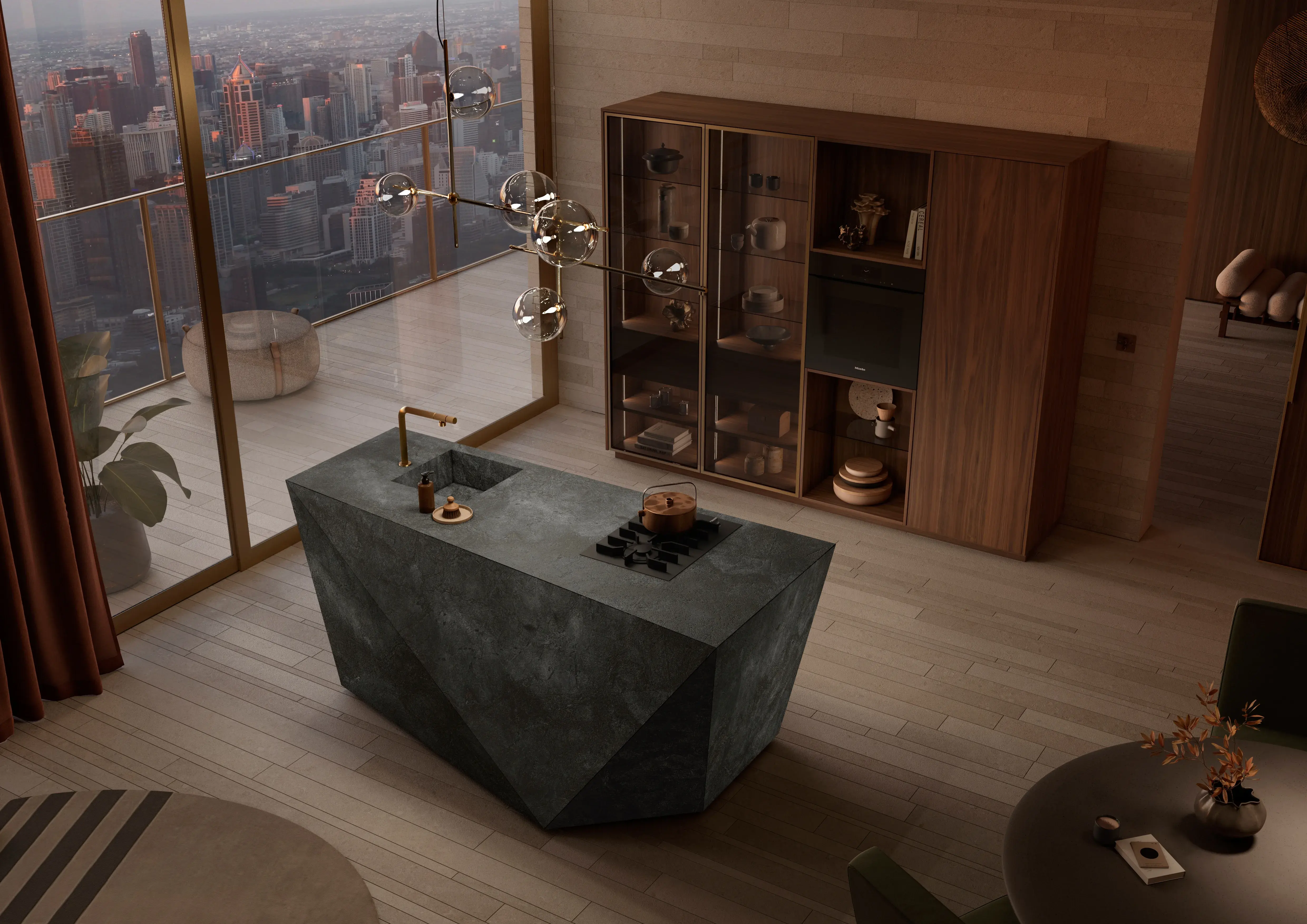 Moderne Küche mit dunkler Insel, Stadtblick und Holzschränken bei Sonnenuntergang.